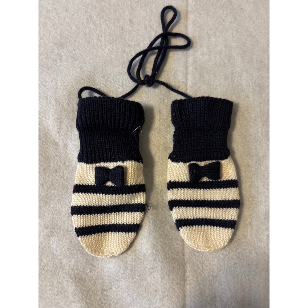 Jacadi Paris Mittens Infant T1 Navy Cream Good Striped Bow Knit Wool Blend 7140